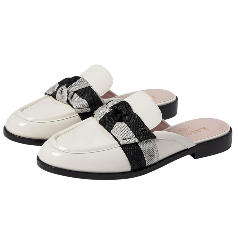 Kate Spade Womens Leandra Mule Loafer Size 9 Cream Patent Leather Twill Bow NIB